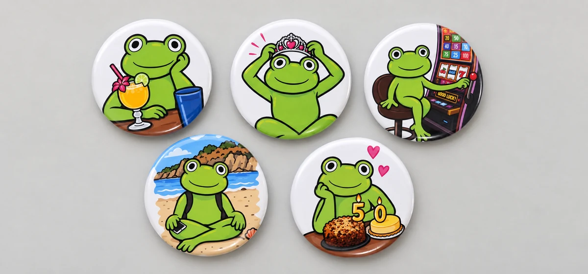 Pet izdelanih brošk z različnimi zelenimi žabicami za praznovanje abrahama