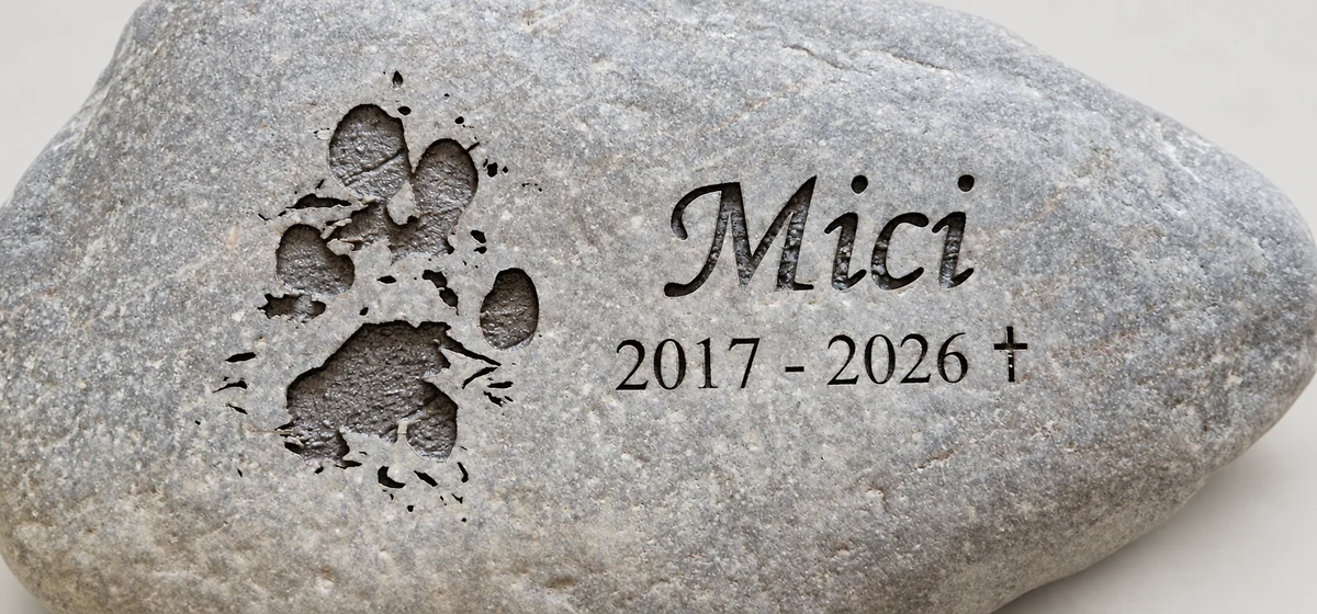 Detajl gravure imena Mici, letnic in motiva tačke na naravnem kamnu