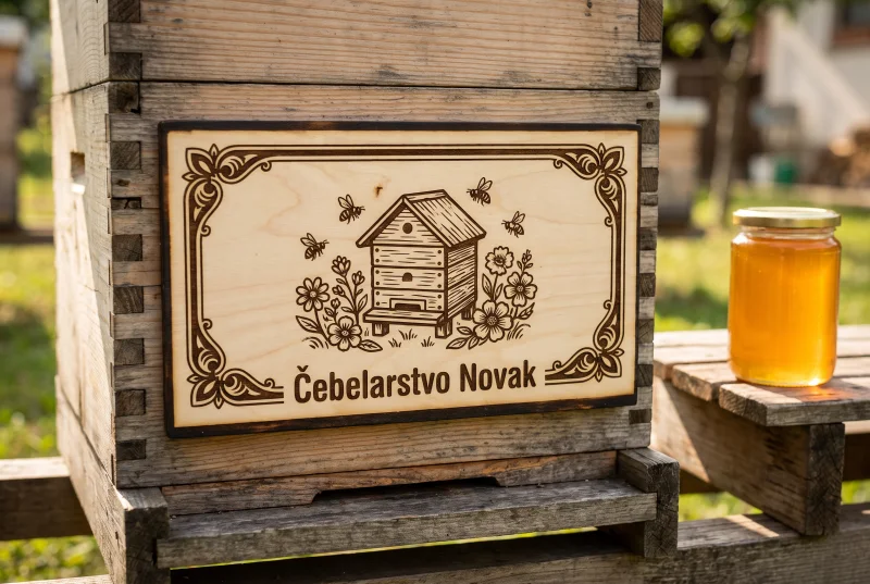 Lesena panjska končnica z graviranim motivom čebelnjaka