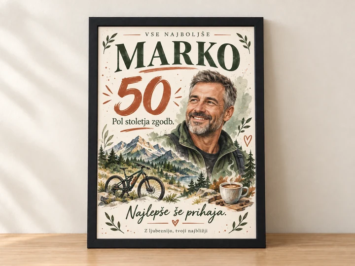 Plakat za 50 let v okvirju – prikaz z izmišljeno osebo