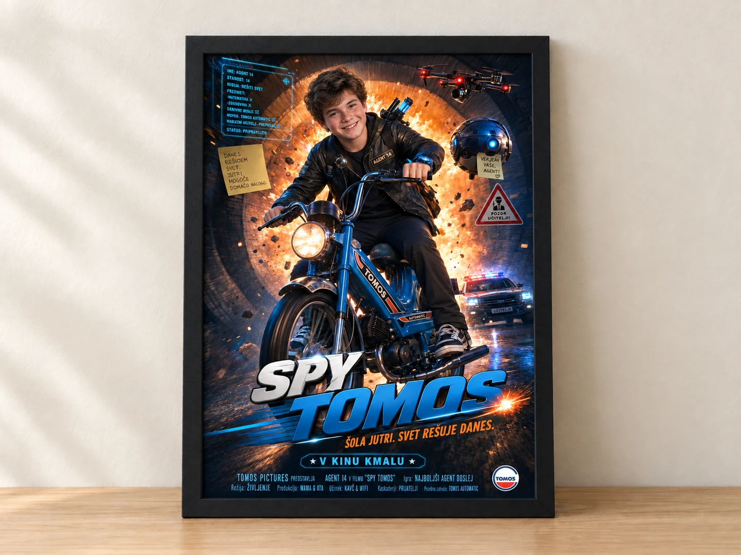 Filmski plakat Spy Tomos v črnem okvirju z izmišljenim portretom