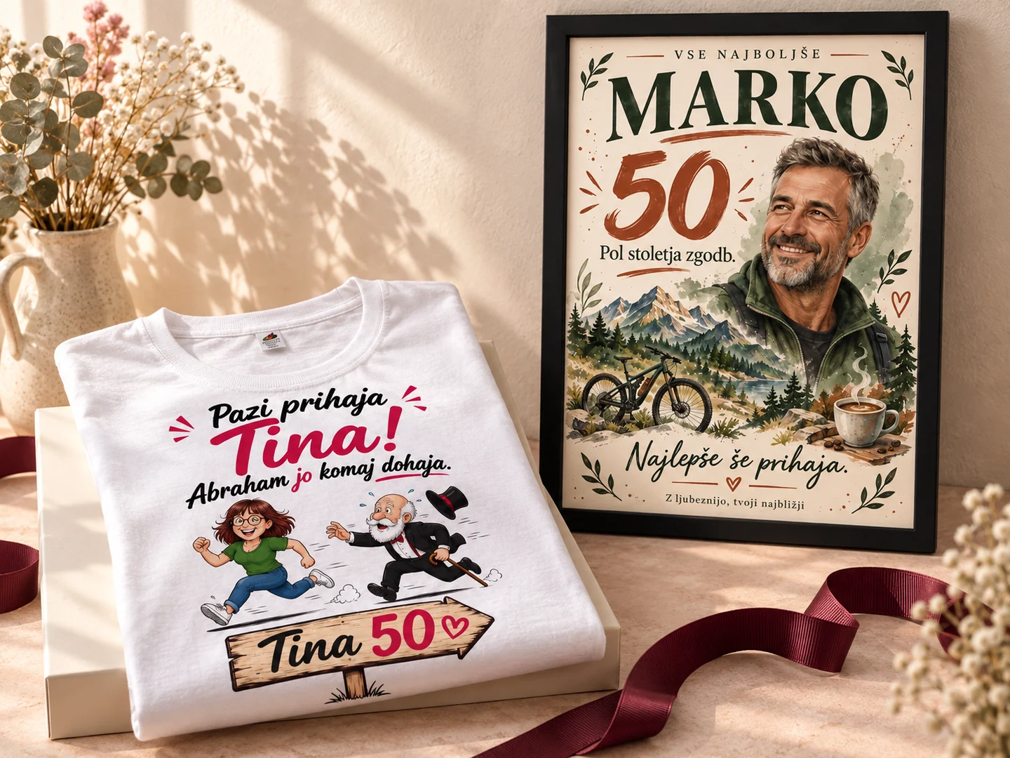 Darilni prikaz bele majice Tina za 50. rojstni dan in rojstnodnevnega plakata Marko v črnem okvirju